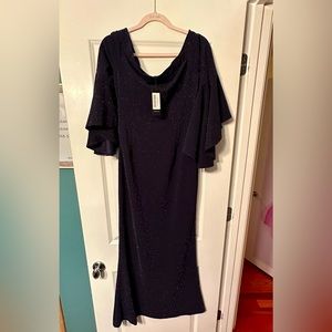 Navy blue, glittered floor length off the shoulder gown